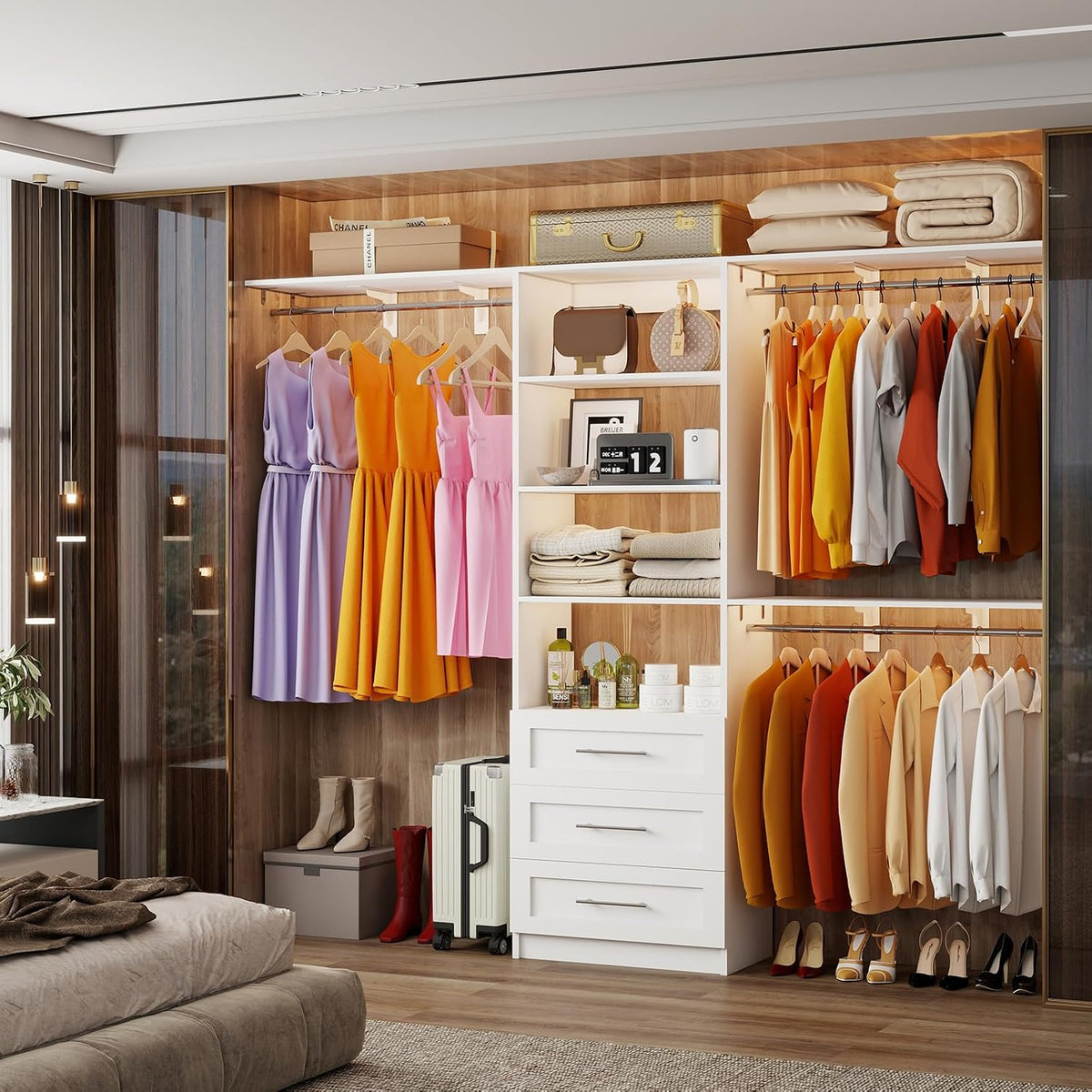 Closet System with 3 Wood Drawers, 5-7.61FT Closet Organizer System with Cuttable Shelves for Walk in Closet with 3 Expandable Hanging Rods, Heavy