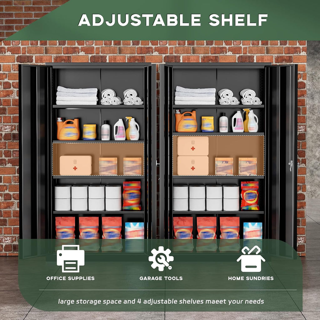 72" H Metal Storage Cabinet, 36" W x 18" D Black Locking Metal Garage Storage Cabinet with Doors and 4 Adjustable Shelves, Lockable Steel Cabinets
