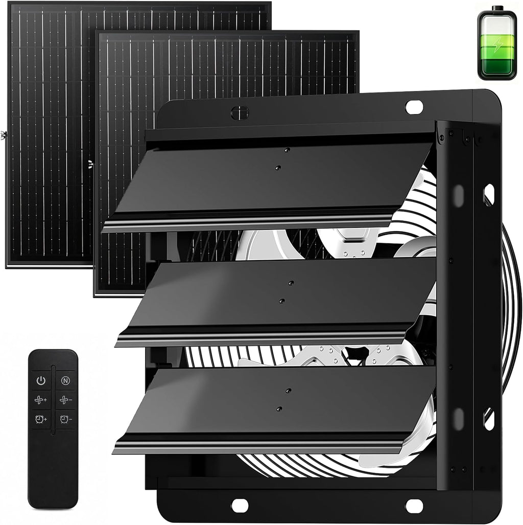 Solar Exhaust Fan with Battery & Dual Solar Panels for Greenhouse, Shed