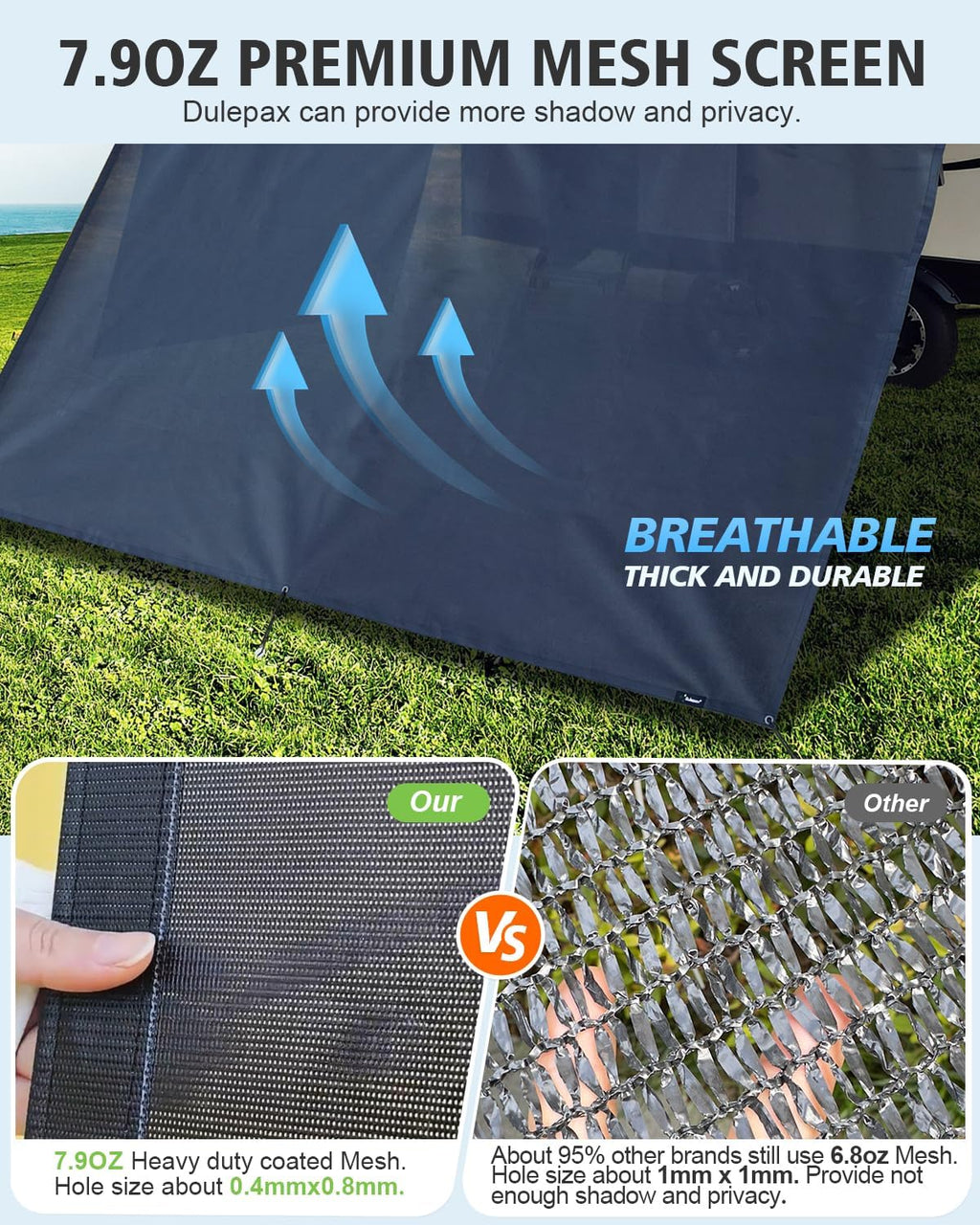 RV Awning Sun Shade Screen with Zipper, 8'x15'3" for 16' RV Awning
