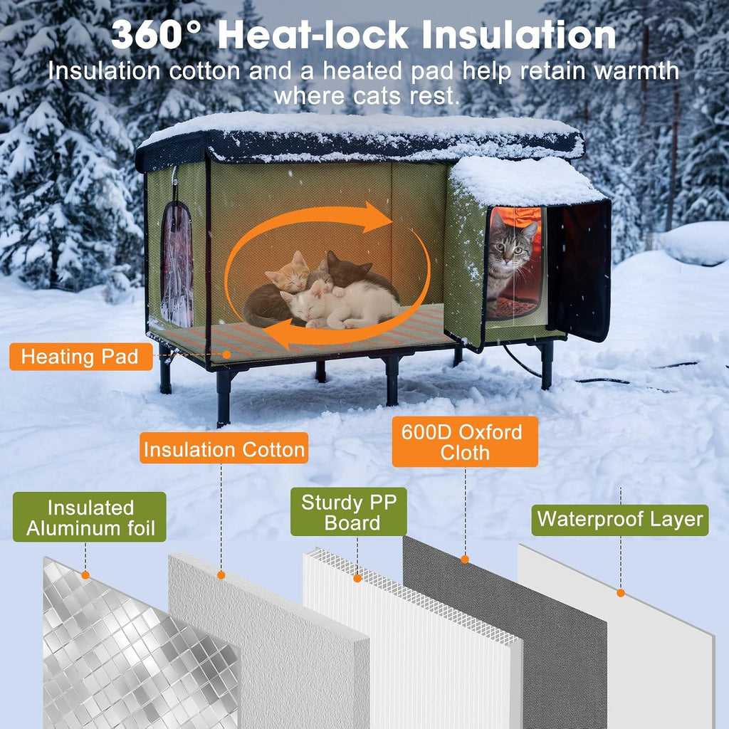 Heated Cat House for Outside, Insulated Large Elevated Waterproof Feral Cat Shelter with Heated Pad, Safe Escape Door All-Round Insulated Cotton and