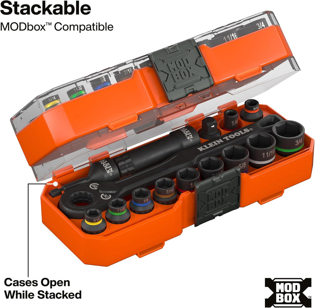 Klein Tools 65400 KNECT 15-Piece Pass Through Socket Set, SAE Impact Set with MODbox Case, Sockets, Bits, Accessories and 3/8-Inch Drive Adapter