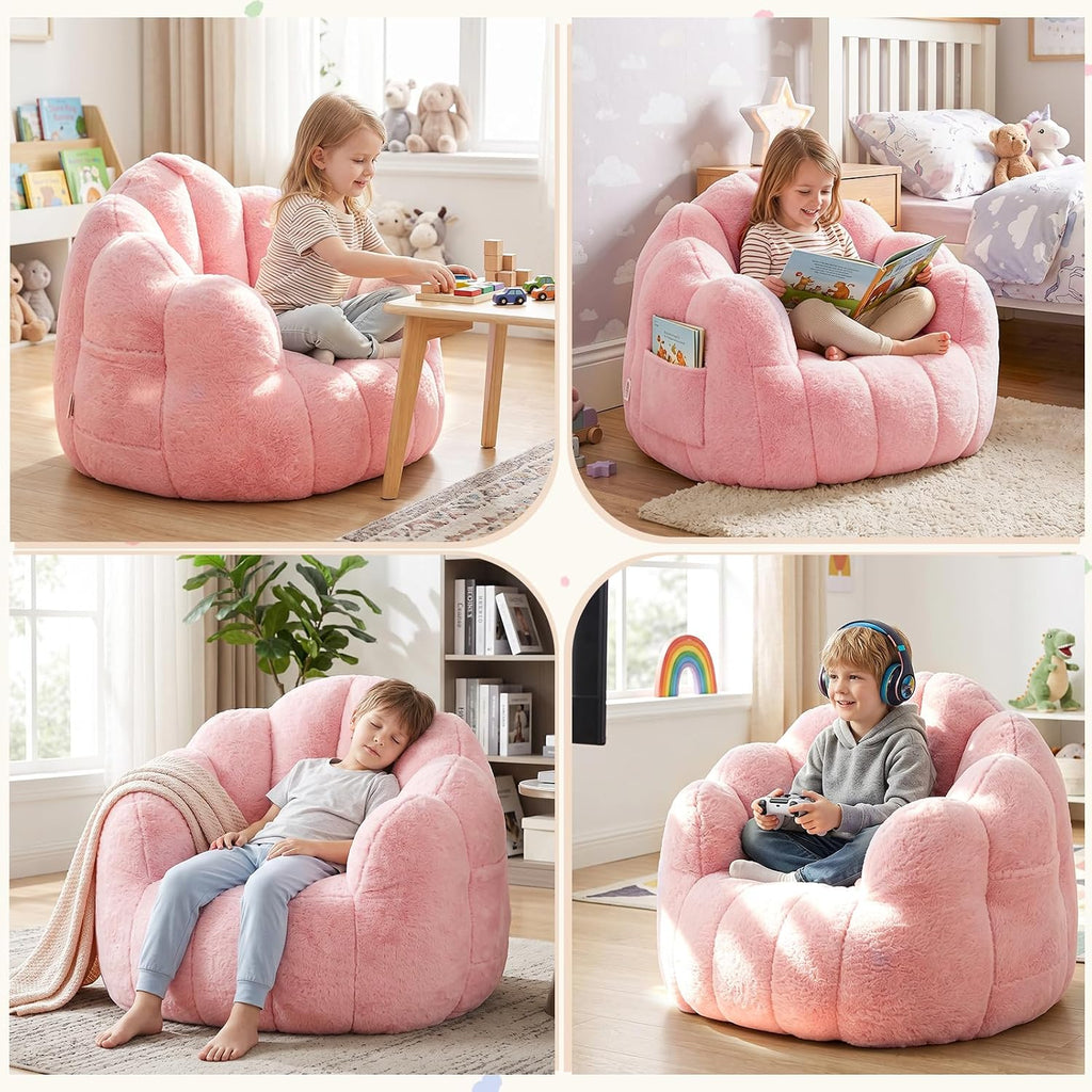 Kids Bean Bag Chair, Comfy Bean Bag Sofa with Handle for Boys Girls, Pink