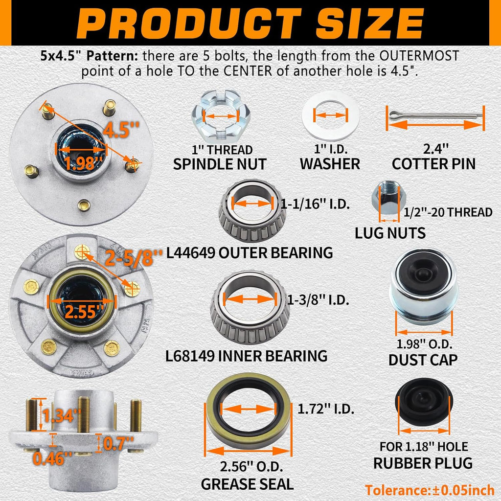 5 on 4.5'' Trailer Hub Kit Pre-Greased for 3500lb #84 Tapered Axle