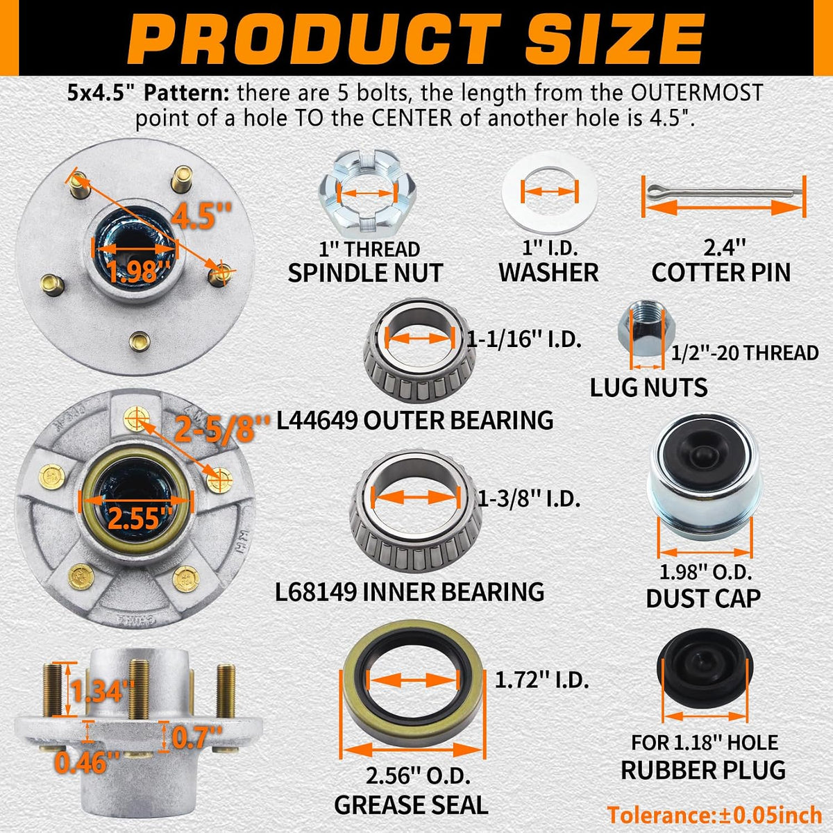 5 on 4.5'' Trailer Hub Kit Pre-Greased for 3500lb #84 Tapered Axle