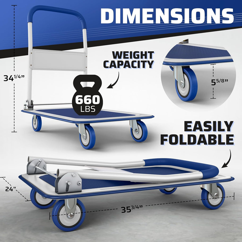 Heavy Duty Foldable Push Cart Dolly | 660 lbs. Capacity | Upgraded Collapsible Hand Truck Folding Platform with Swivel Wheels | Flat Bed Moving Wagon