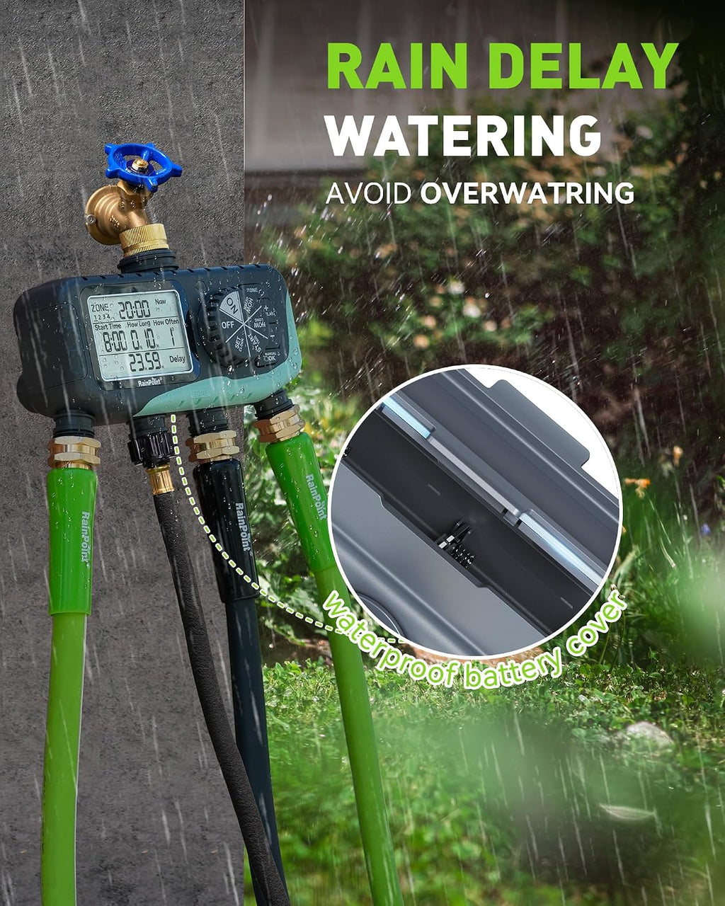 RAINPOINT Sprinkler Timer 4 Zone, Water Timer for Programmable, for Soaker Hose with Rain Delay/Manual/Automatic Watering System, Digital Irrigation