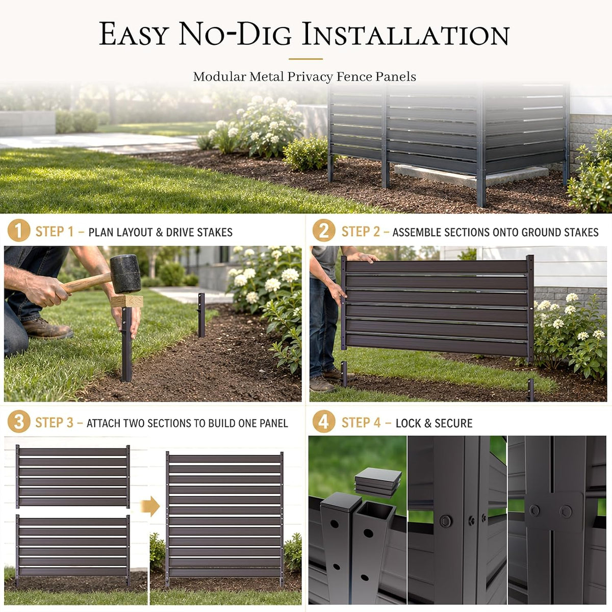 Air Conditioner Fence 3 Panels, 42" H x 9.5 FT W Metal Outdoor Privacy Screen, No Digging HVAC Fence with Louvered Panels, Privacy Fence for AC Unit