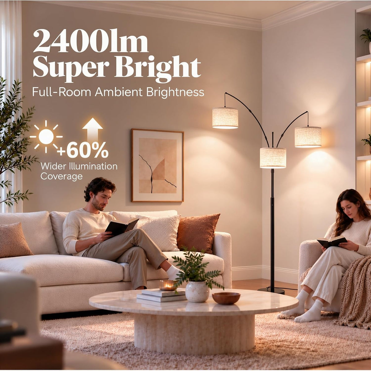 3 Light Arc Floor Lamp with Remote, Beige Shade Black Pole