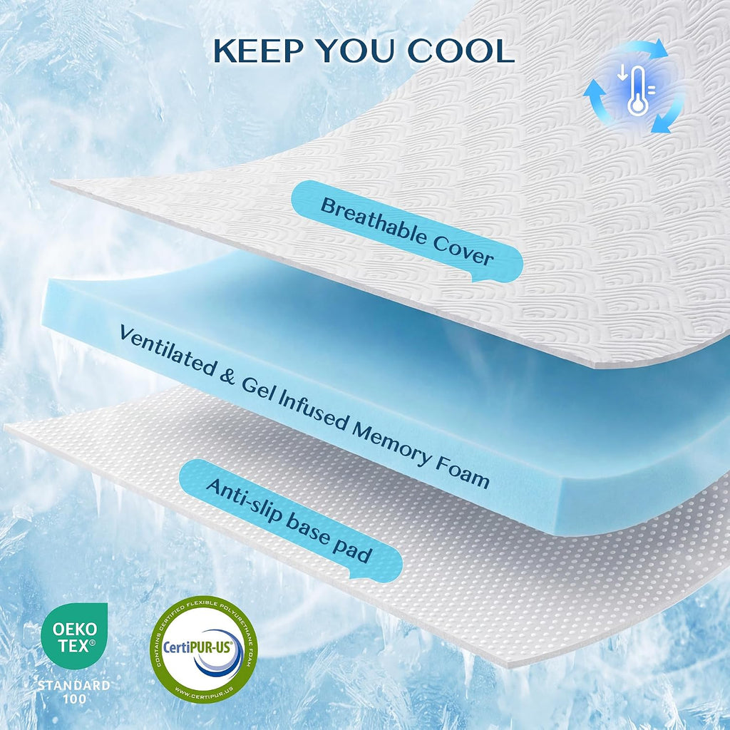 MASVIS 3 Inch Queen Memory Foam Mattress Topper, Ventilated Gel Mattress Topper for Back Pain Relief, CertiPUR-US Certified, Removable Washable Cover