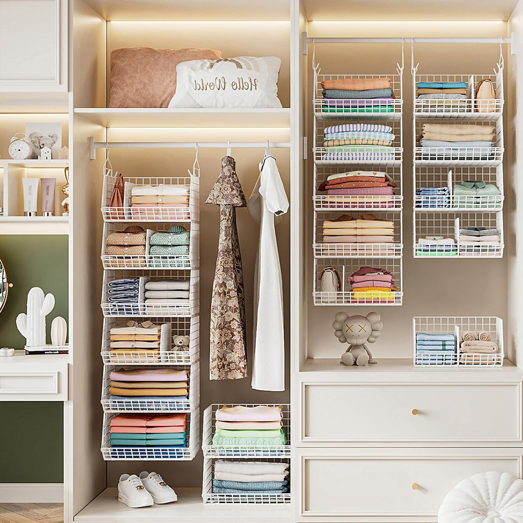 6 Tier Extra Large Hanging Closet Organizer, Closet Storage Hanging with Dividers, Wire Closet Shelf with 5 S Hooks 4 Dividers,Sweater Handbag Hat