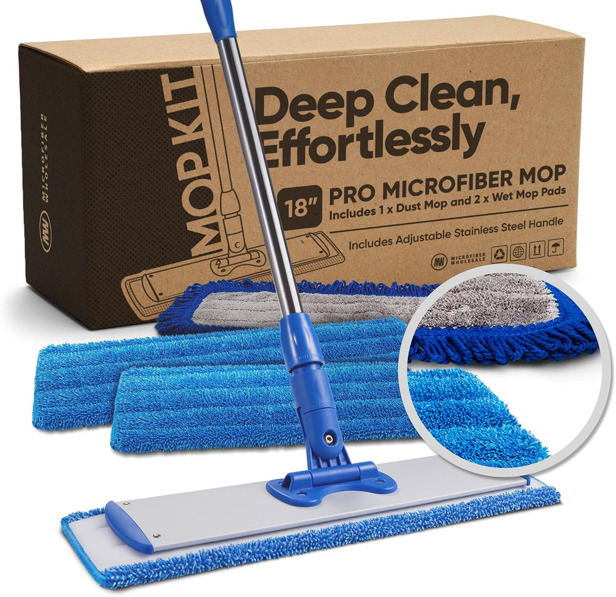 18” Pro Microfiber Hardwood Floor Mop - Cleans Floor in Seconds | Dust & Wet Mopping | Hardwood, Tile, Laminate & Vinyl with 3 Washable Pads, No