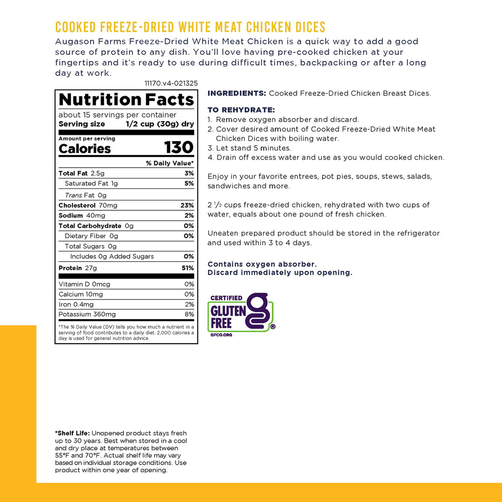 Augason Farms Cooked Freeze Dried White Meat Chicken Dices Can