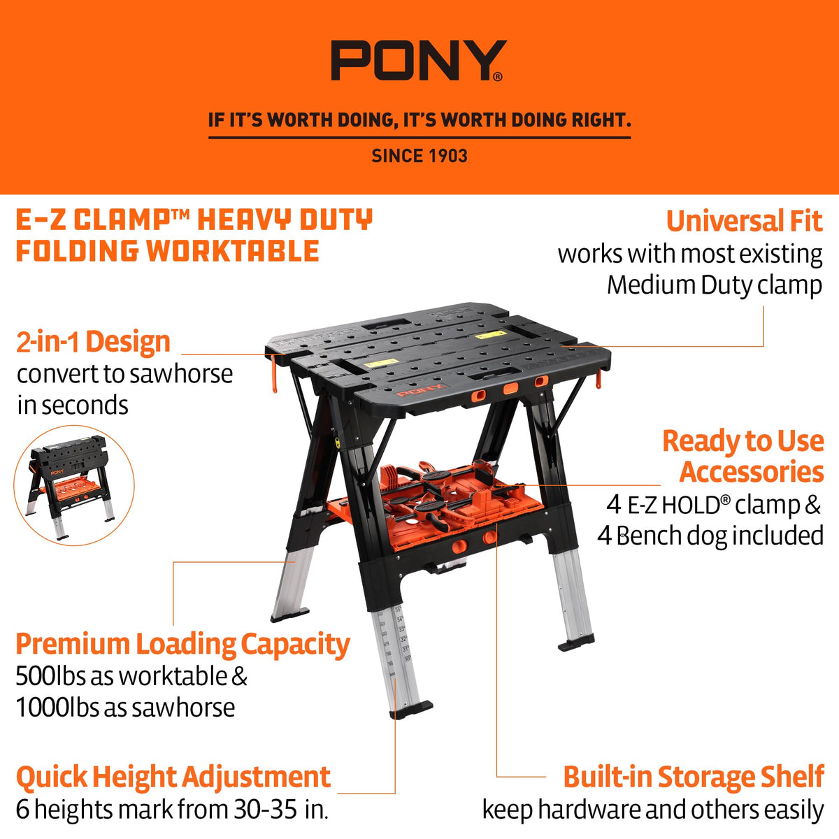 Pony Portable Folding Work Table, Workbench & Sawhorse