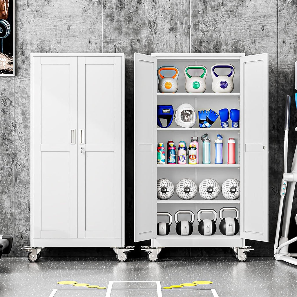 71" Metal Garage Storage Cabinet with Wheels and Locking Doors and Tall Rolling Steel Tool Cabinet with 4 Adjustable Shelves for Garage,Home,Office