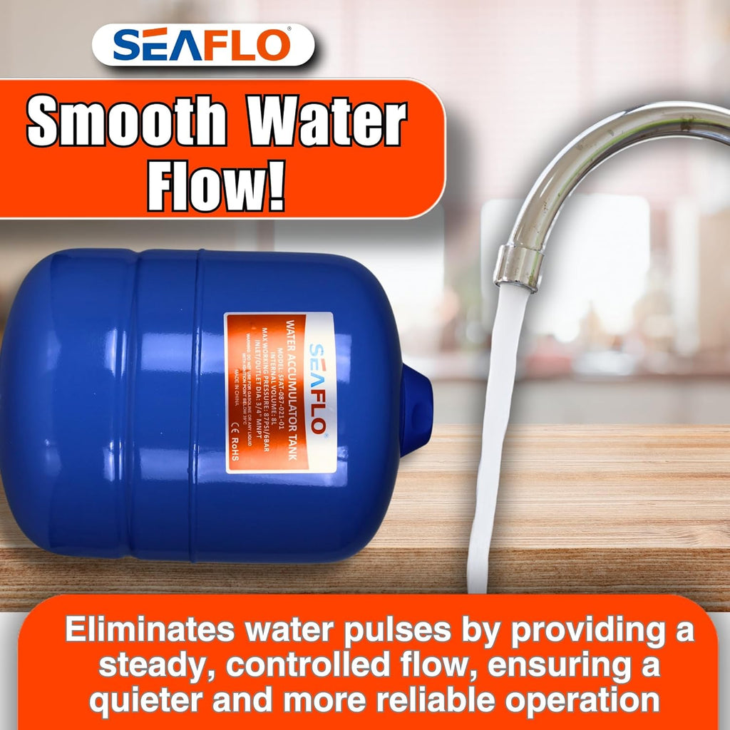 SEAFLO 2 Gallon Pre-Pressurized Accumulator Expansion Tank – Reduces Pump Cycling, Smooth Water Flow, 87 PSI, 3/4" MNPT, Compact Design for RV