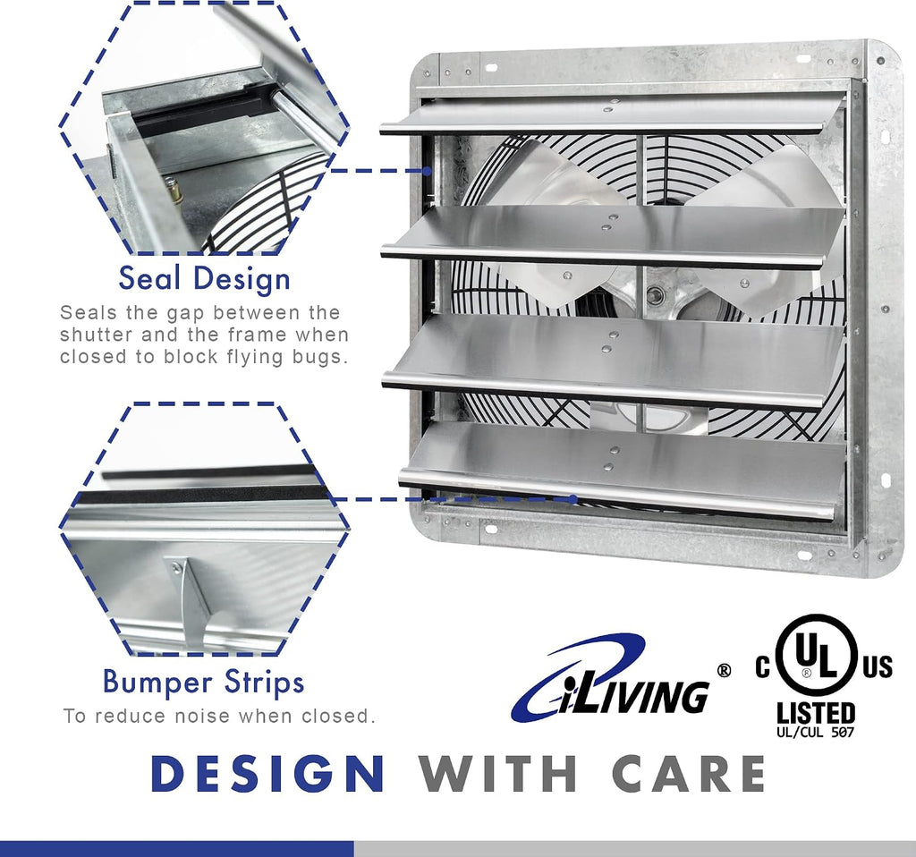 iLIVING 16" Wall Mounted Shutter Exhaust Fan, Automatic Shutter, with Thermostat and Variable Speed controller, 0.85A, 1200 CFM, 1800 SQF Coverage