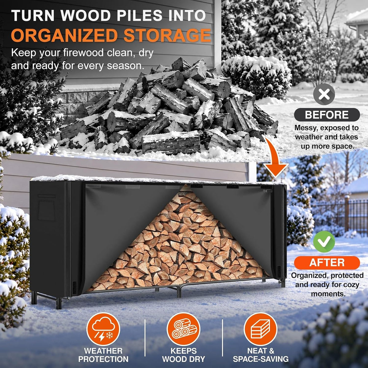 8FT Firewood Rack Outdoor with Cover, Large Wood Storage Rack