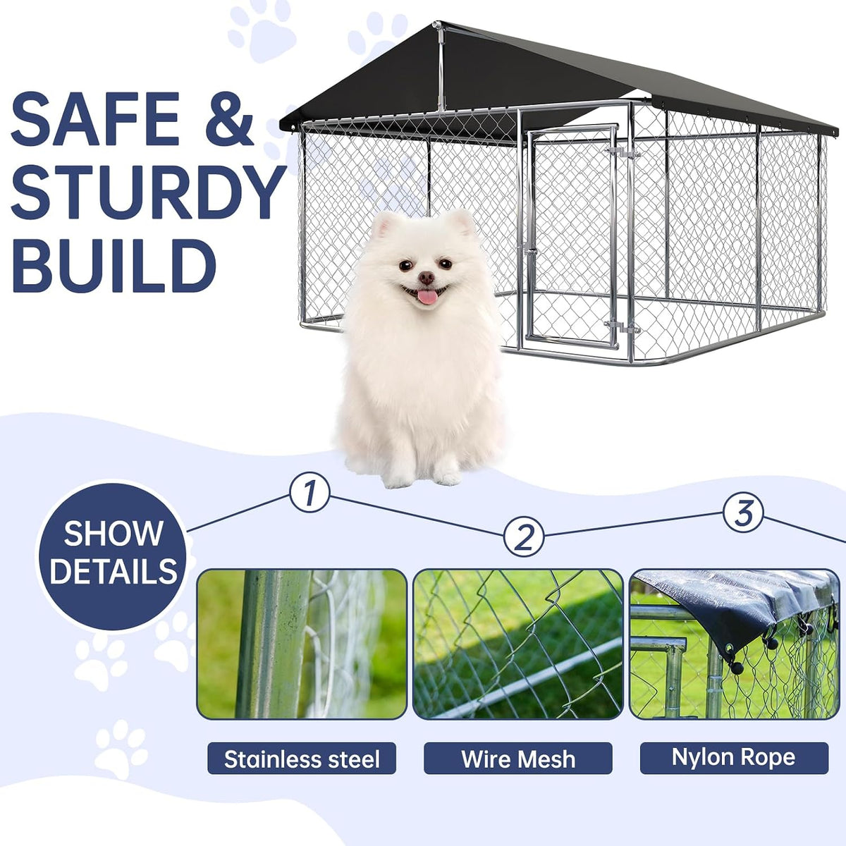 Petony Large Outdoor Dog Enclosure,Heavy Duty Dog Kennel with Roof,Galvanized Steel Dog Cage Fence with Double Safety Locks(79" L x 79" W x 65" H)