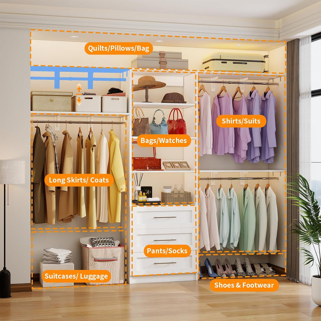 Closet System with 3 Wood Drawers, 5-7.61FT Closet Organizer System with Cuttable Shelves for Walk in Closet with 3 Expandable Hanging Rods, Heavy
