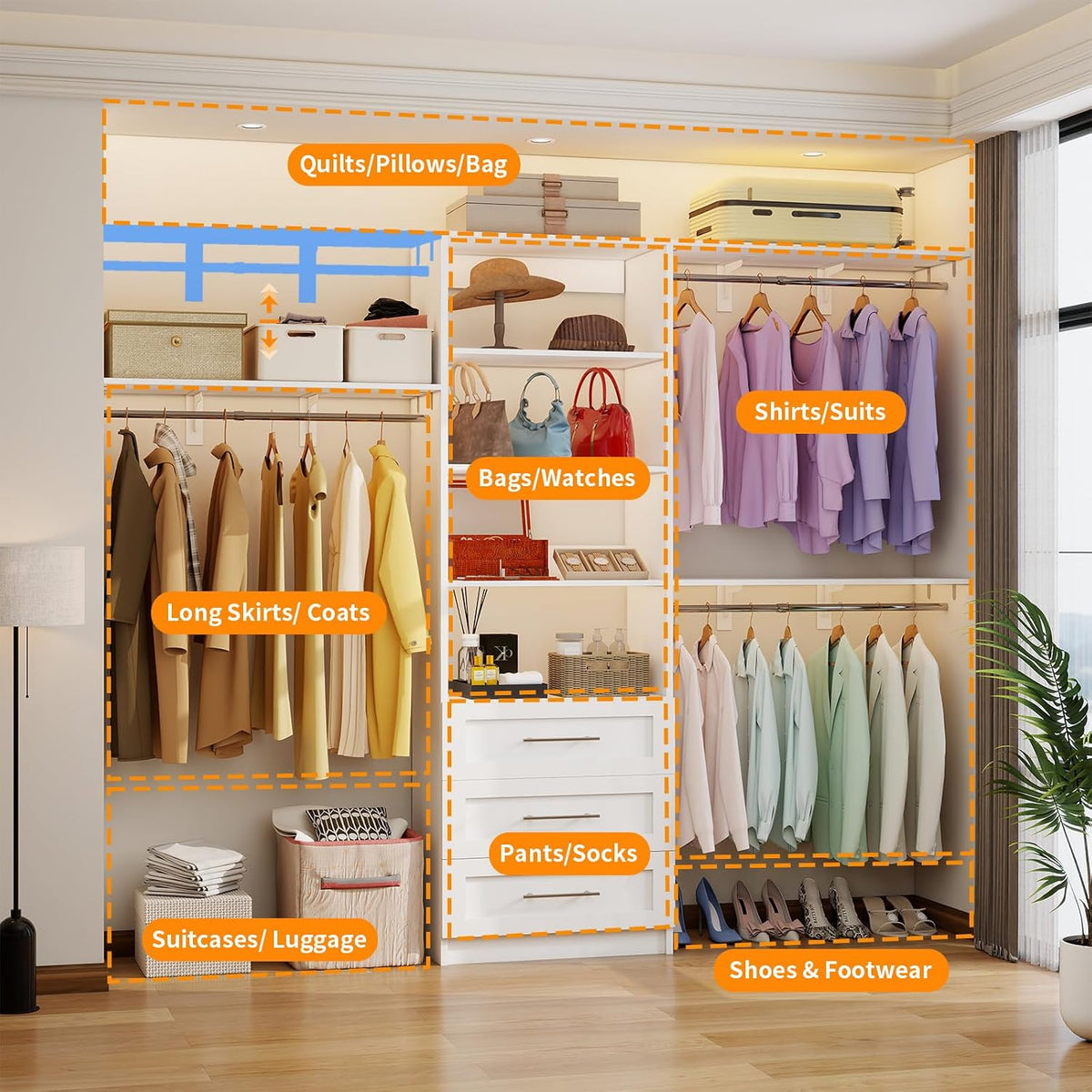 Closet System with 3 Wood Drawers, 5-7.61FT Closet Organizer System with Cuttable Shelves for Walk in Closet with 3 Expandable Hanging Rods, Heavy