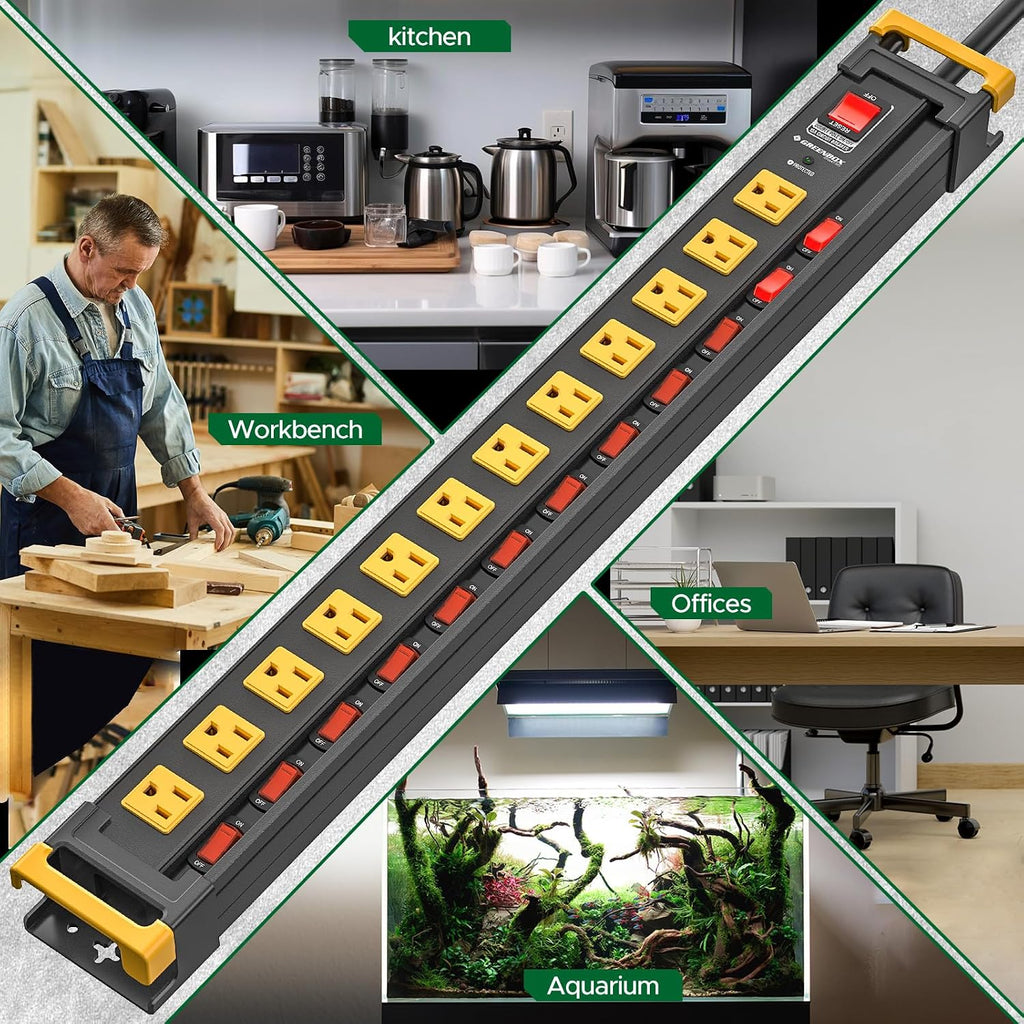 12 Outlet Heavy Duty Long Power Strip with Individual Switches
