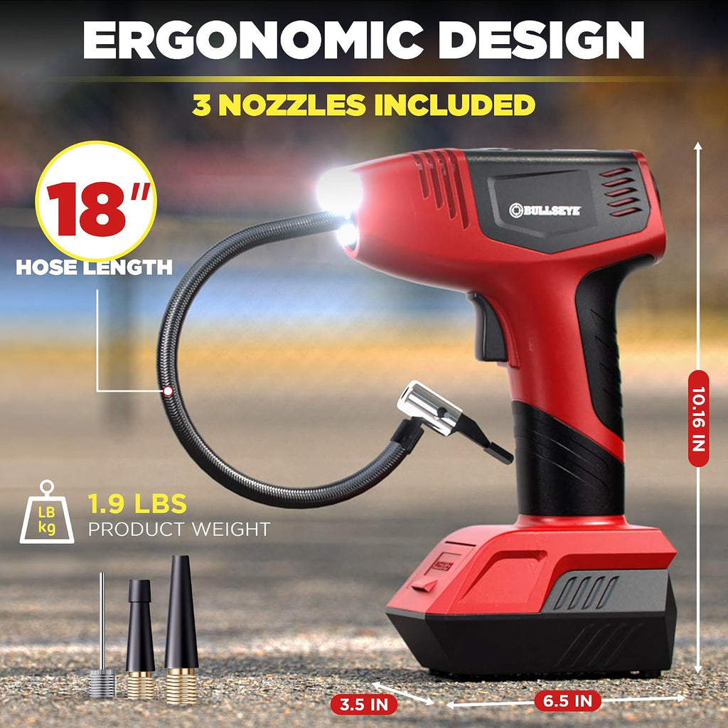 BULLSEYE PRO Tire Inflator with Pressure Gauge, Compact and Portable, Automatic Shut Off, 150 PSI Max, USB Home Rechargeable and Cord for Vehicular