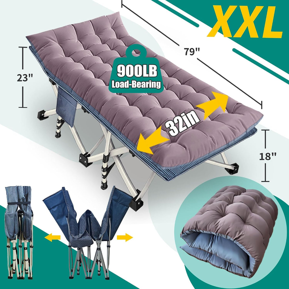 32" XXL Camping Cot with Mattress,900LBS Folding Camping Bed