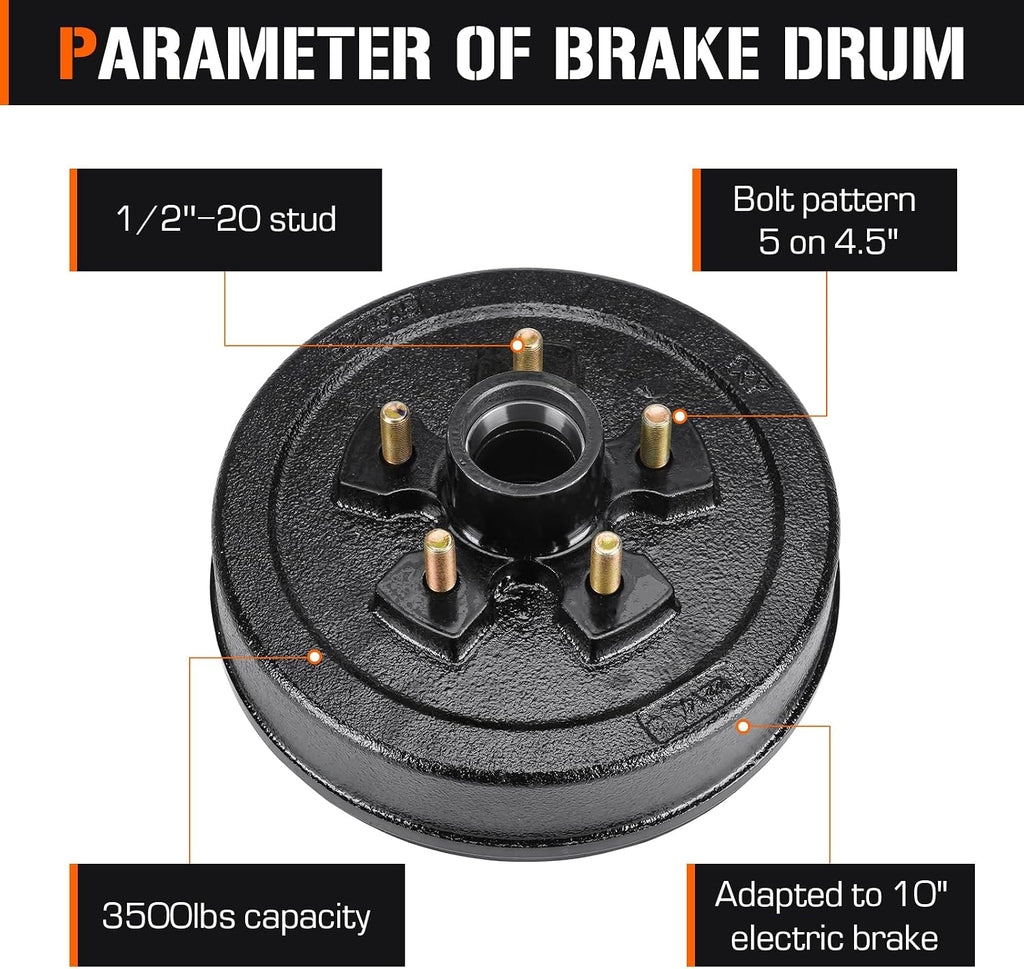 Aeagle 5 on 4.5" Bolt Circle Drum Kits w/ 10" x 2-1/4" Left and Right Self-Adjusting Electric Brake for 3,500lbs Trailer Axle