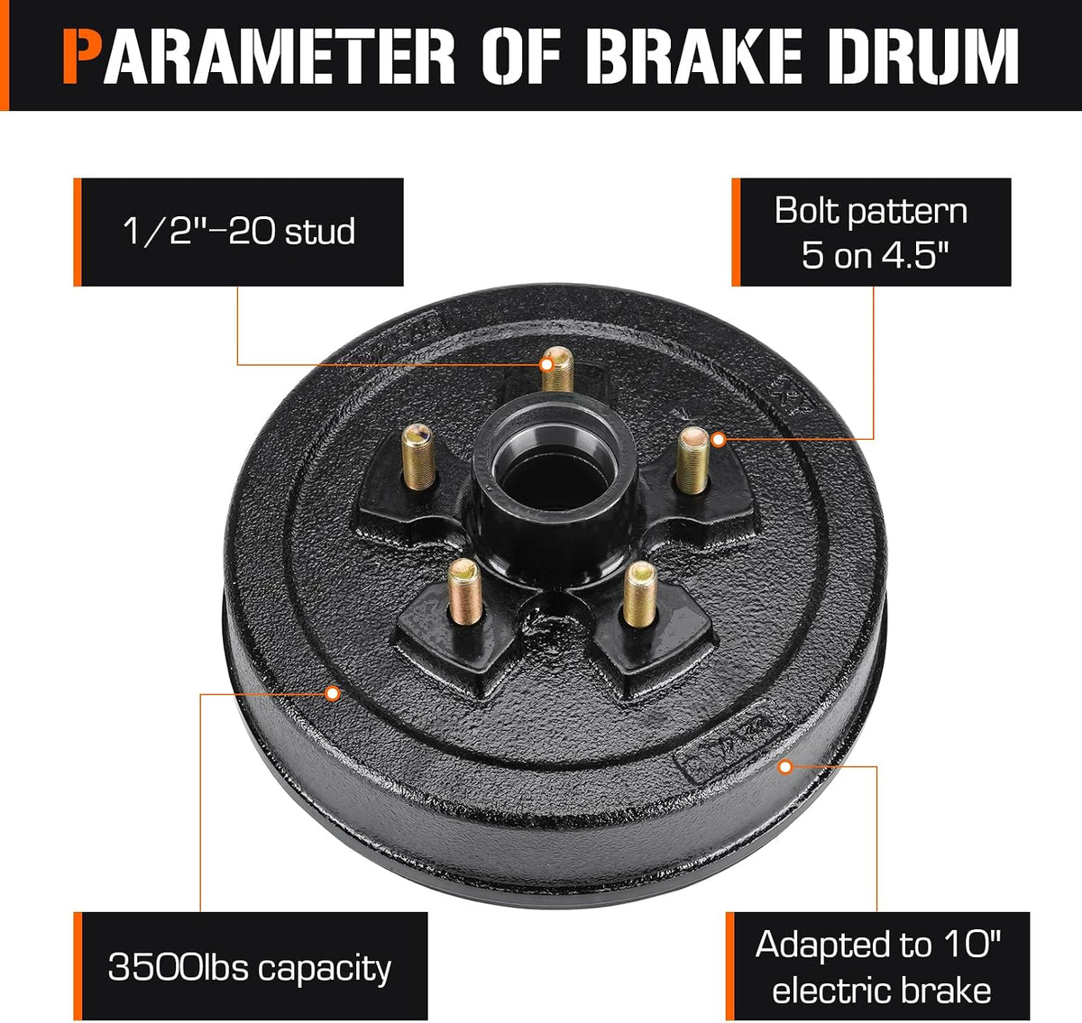 Aeagle 5 on 4.5" Bolt Circle Drum Kits w/ 10" x 2-1/4" Left and Right Self-Adjusting Electric Brake for 3,500lbs Trailer Axle