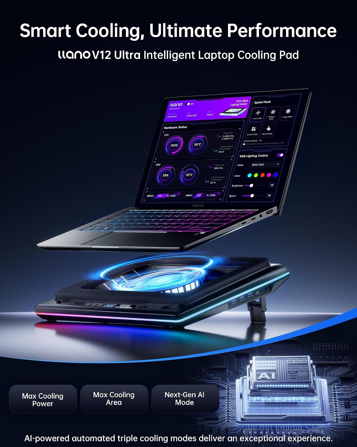 llano V12 Ultra Laptop Cooling Pad with Smart Software Control Laptop Fan
