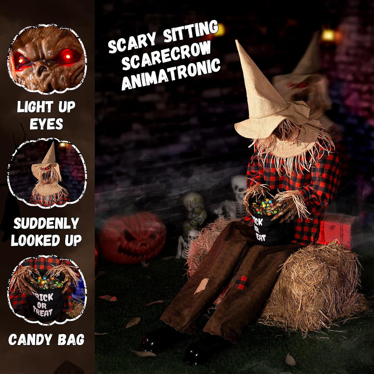 Halloween Animatronics Decorations Scary Sitting Scarecrow with Candy Bag, 55'' Animated Jumpscare Halloween Props with Sound & Motion Activated
