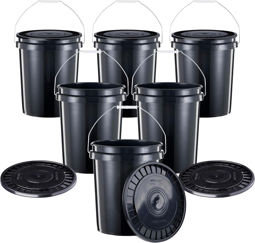 United Solutions 5-Gallon Heavy-Duty Buckets with Snap-On Lids, 6-Pack – BPA-Free, Food-Grade Plastic, Multi-Purpose Storage for Home, DIY, and Job