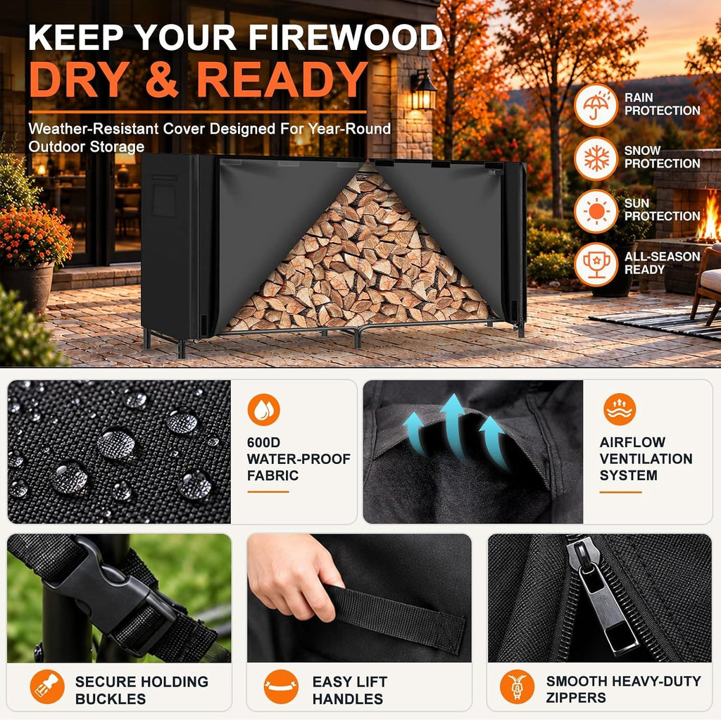 8FT Firewood Rack Outdoor with Cover, Large Wood Storage Rack
