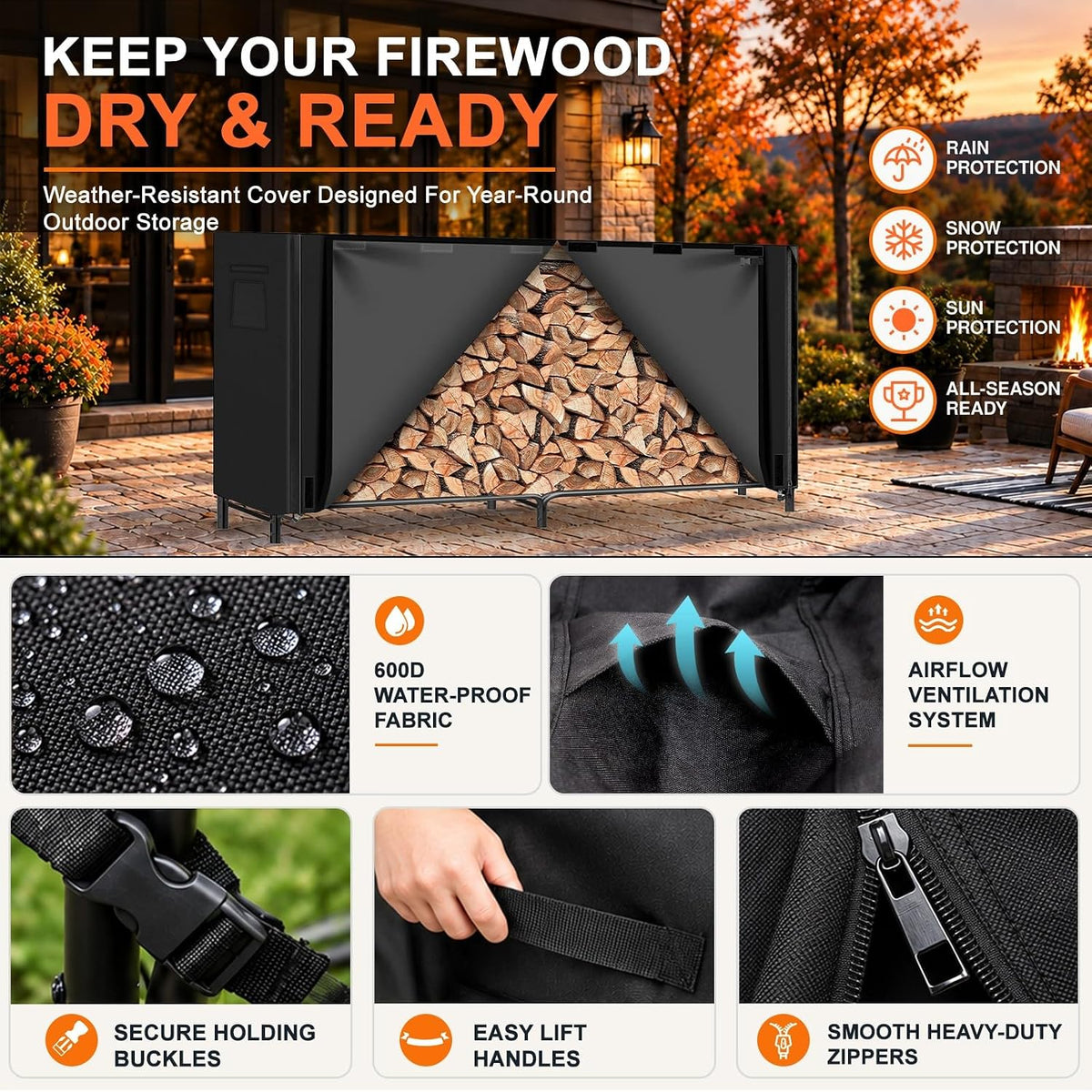8FT Firewood Rack Outdoor with Cover, Large Wood Storage Rack