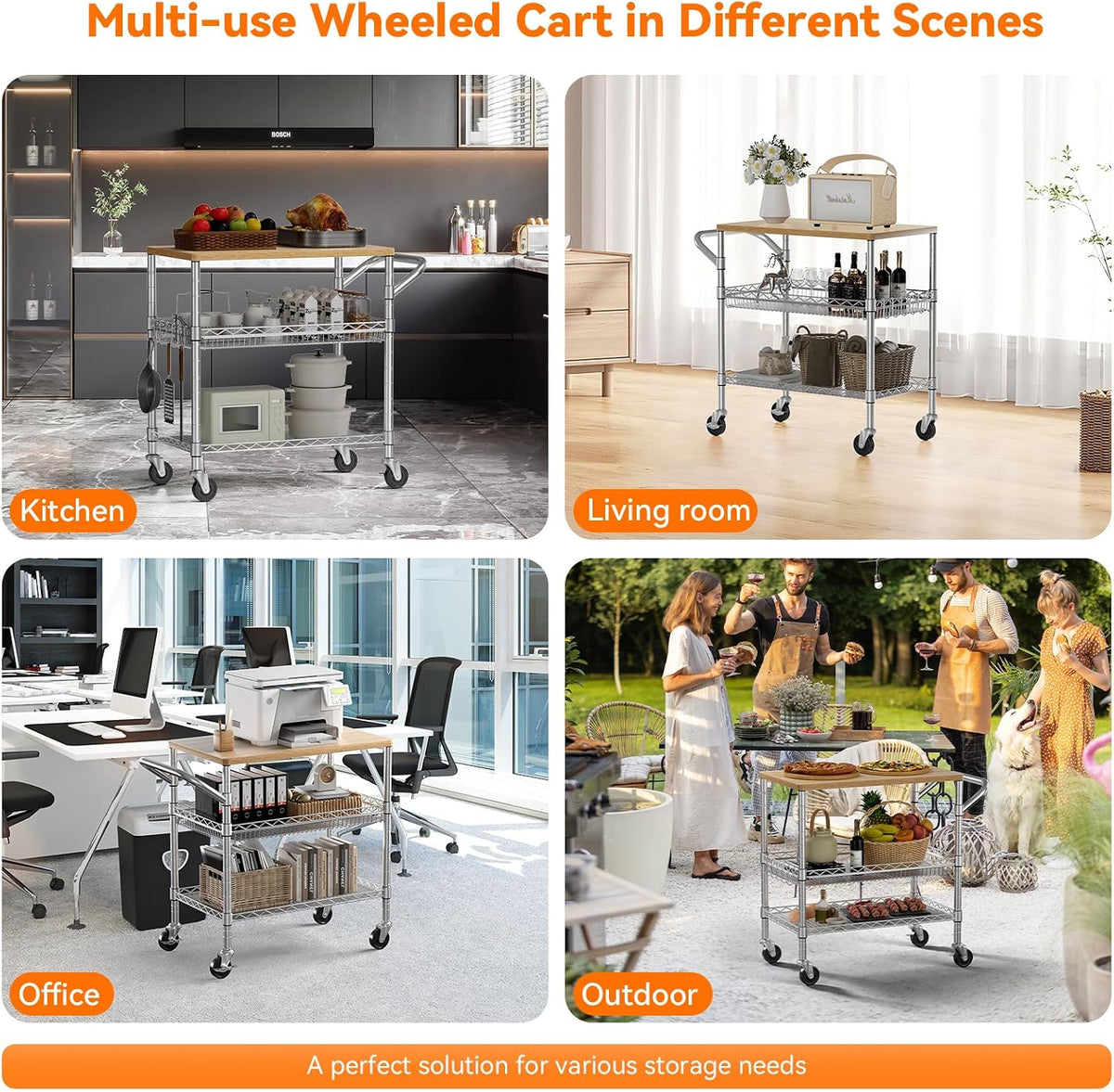3 Tier Rolling Kitchen Carts on Wheels with Storage,650Lbs Heavy Duty Utility Carts with Wheels,Kitchen Island with Wood Tabletop,Metal Serving