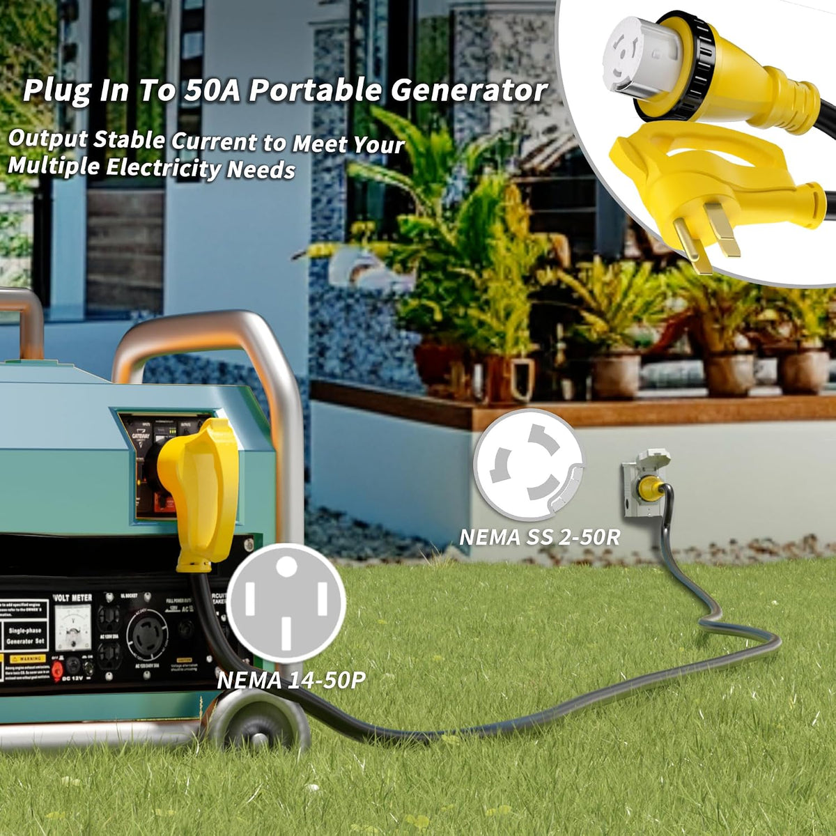 PlugSaf 50 Amp Generator Cord, 25FT 50 Amp RV Extension Cord 14-50P/SS2-50R