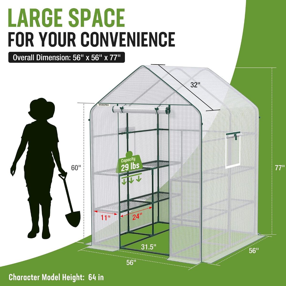 WORKPRO Greenhouse, Heavy Duty Walk-in Greenhouse (56” x 56” x 77”)