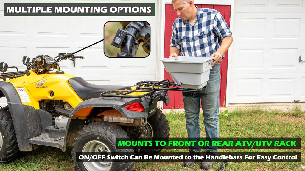80 LB ATV/UTV Broadcast Spreader - 12-Volt Heavy Duty Motor - Salt, Seed, Fertilizer & More - Adjustable Drop Rate - Included Hopper Cover - Mounts