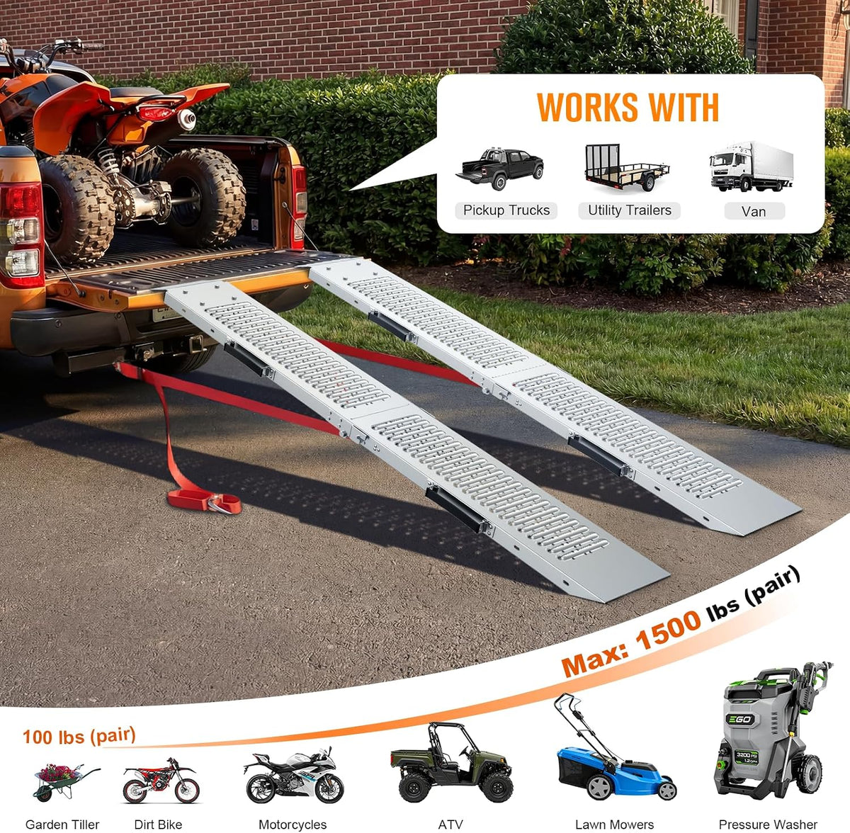 Truck Ramps 75" 1500 LBS 2 Pack, Extra Heavy Duty Loading Ramps for Lawn Mower, Portabe Non Slip Motorcycle Ramps for Pickup Trucks, ATV, Dirt Bikes