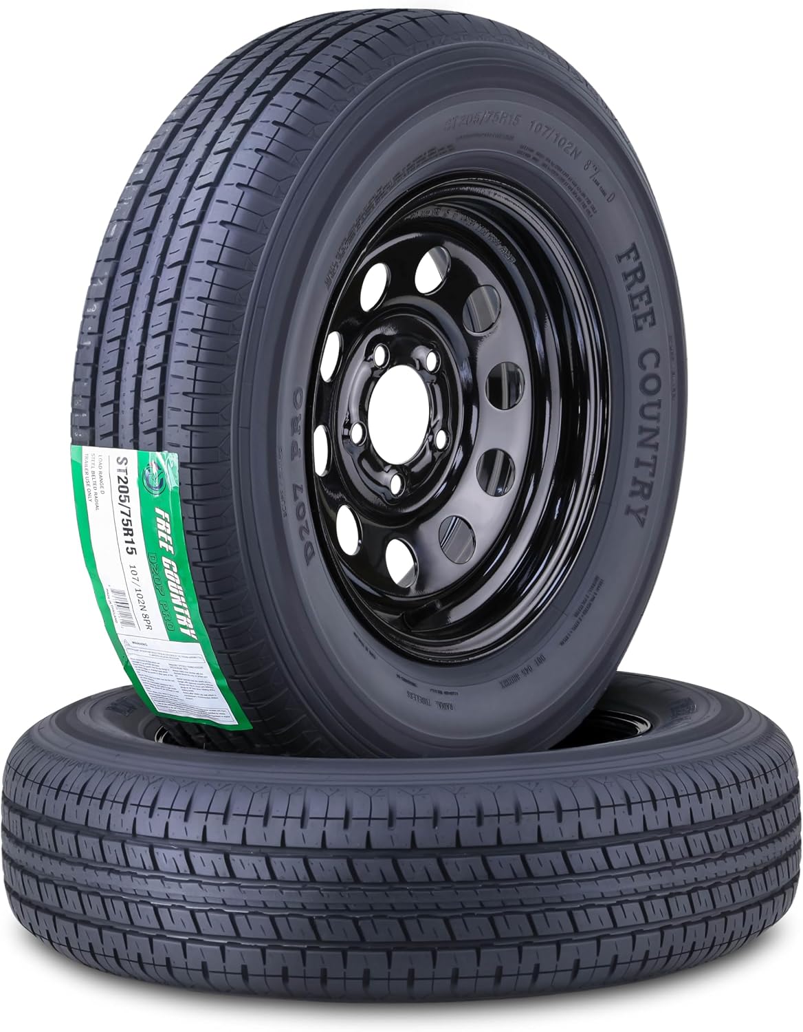 Free Country Trailer Tire Wheel ST205/75R15 8PR D 107N 5X4.5 Black Mod Pk2