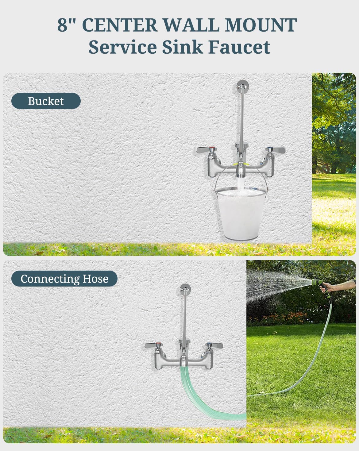 Commercial Mop Sink Faucet with Vacuum Breaker, Wall Mount Service Sink Faucet, 8 Inch Adjustable Center, Pail Hook, Heavy-Duty Brass Utility Sink