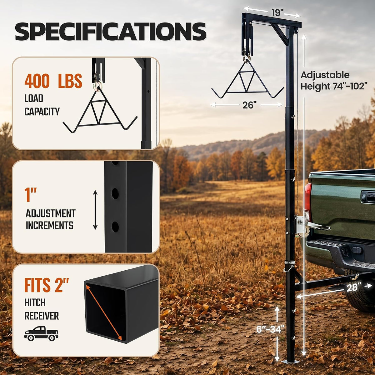 Mossy Oak Truck Hitch Game Hoist with Gambrel, 400 LB Capacity Deer Hanger