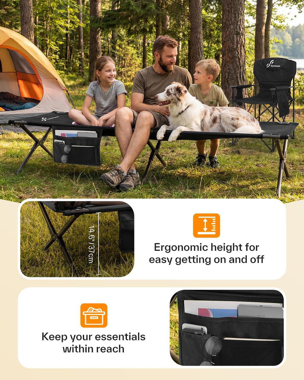Sportneer Camping Cot: 78.3"x28.7"x14.6" Comfort Cot Bed for Camping Traveling Guest Bed, Sleeping Cots for Adults with Side Pockets & Storage Bag