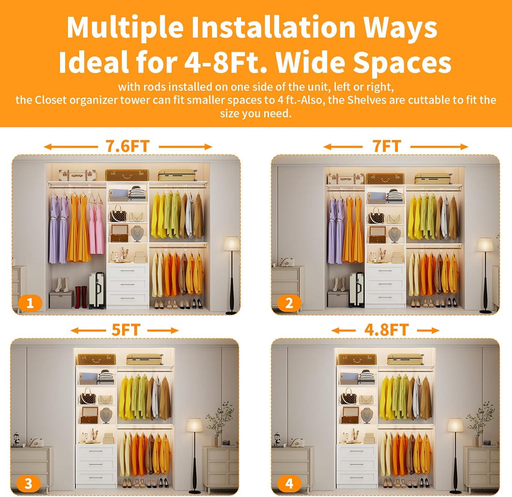 Closet System with 3 Wood Drawers, 5-7.61FT Closet Organizer System with Cuttable Shelves for Walk in Closet with 3 Expandable Hanging Rods, Heavy