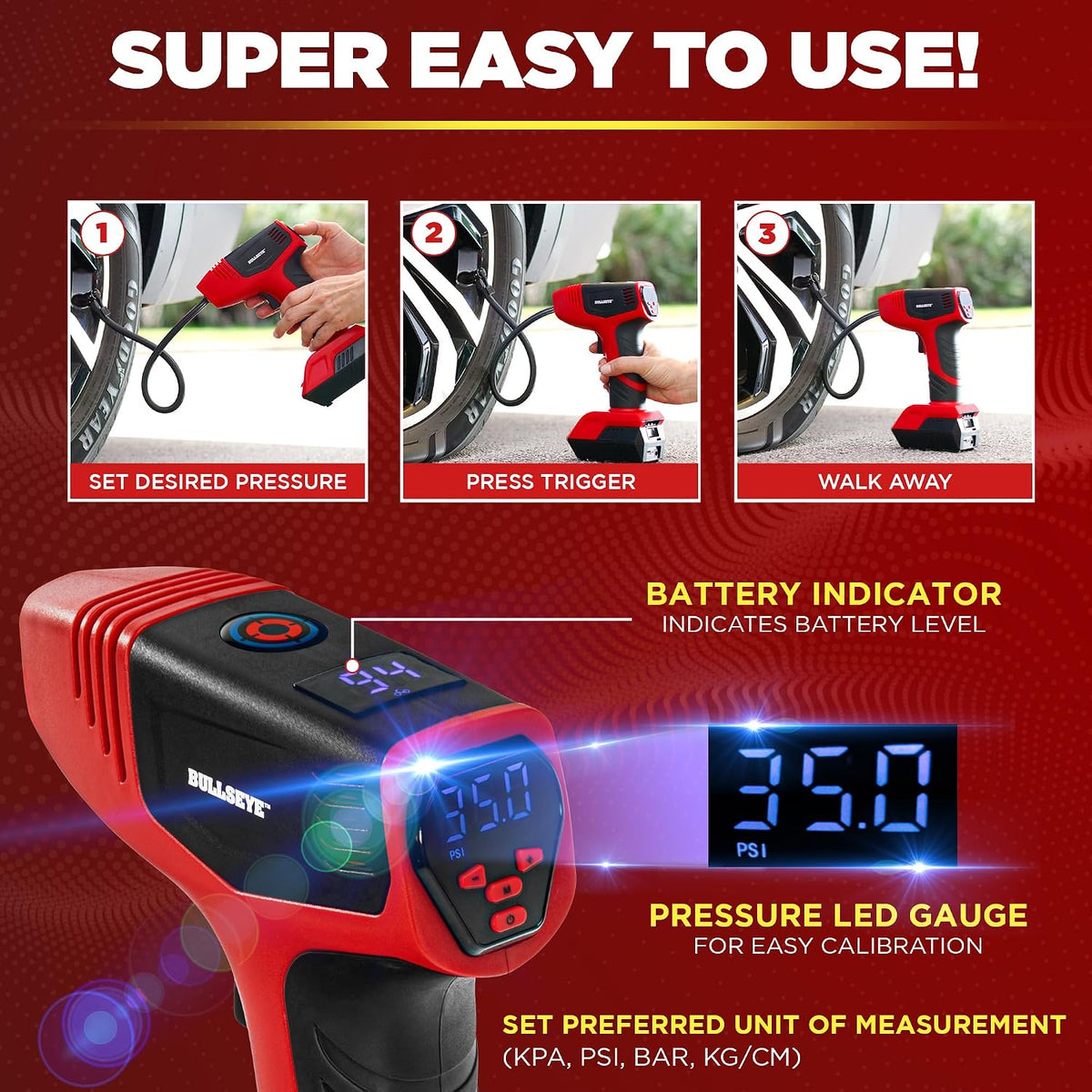 BULLSEYE PRO Tire Inflator with Pressure Gauge, Compact and Portable, Automatic Shut Off, 150 PSI Max, USB Home Rechargeable and Cord for Vehicular