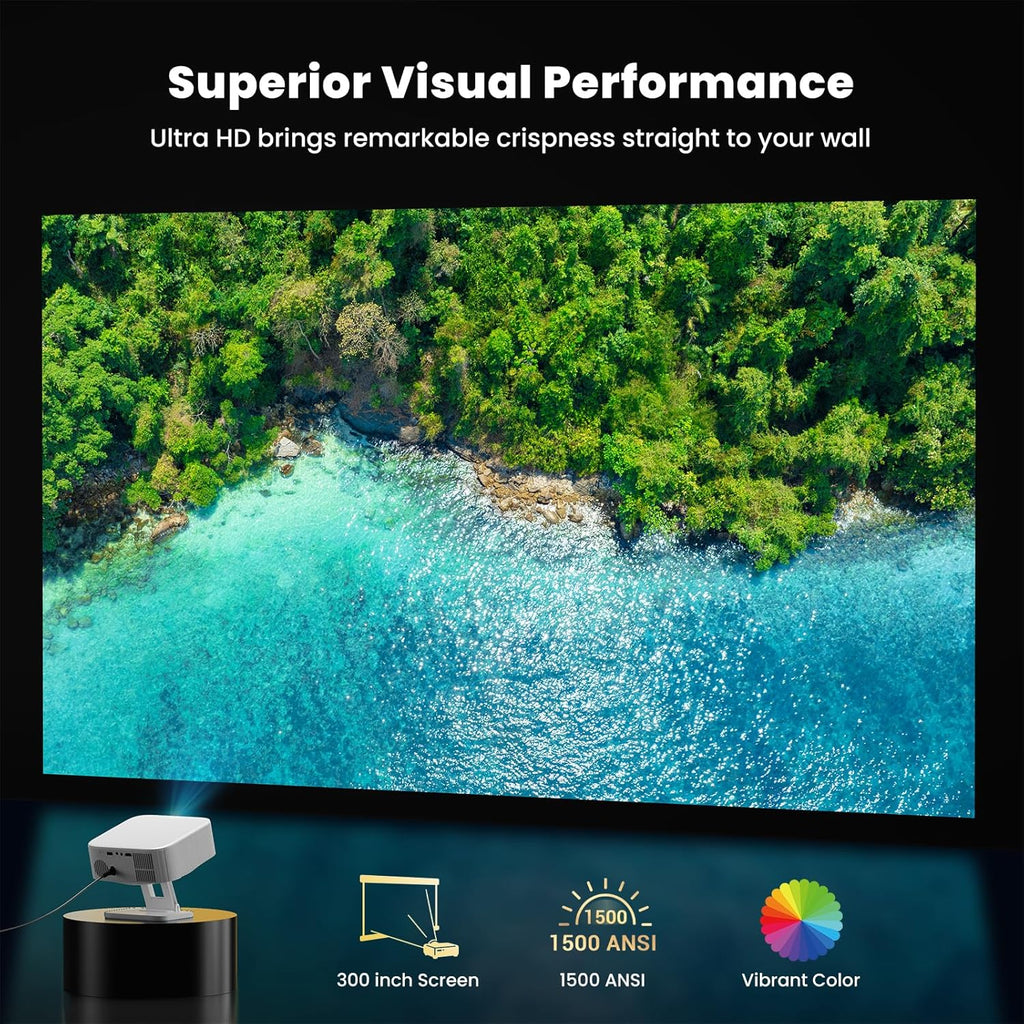 4K Outdoor Projector with Wifi and Bluetooth, Built-in Apps, Smart Projector with Auto Focus & Keystone, 1500 ANSI Lumens and 300" Movie Projector