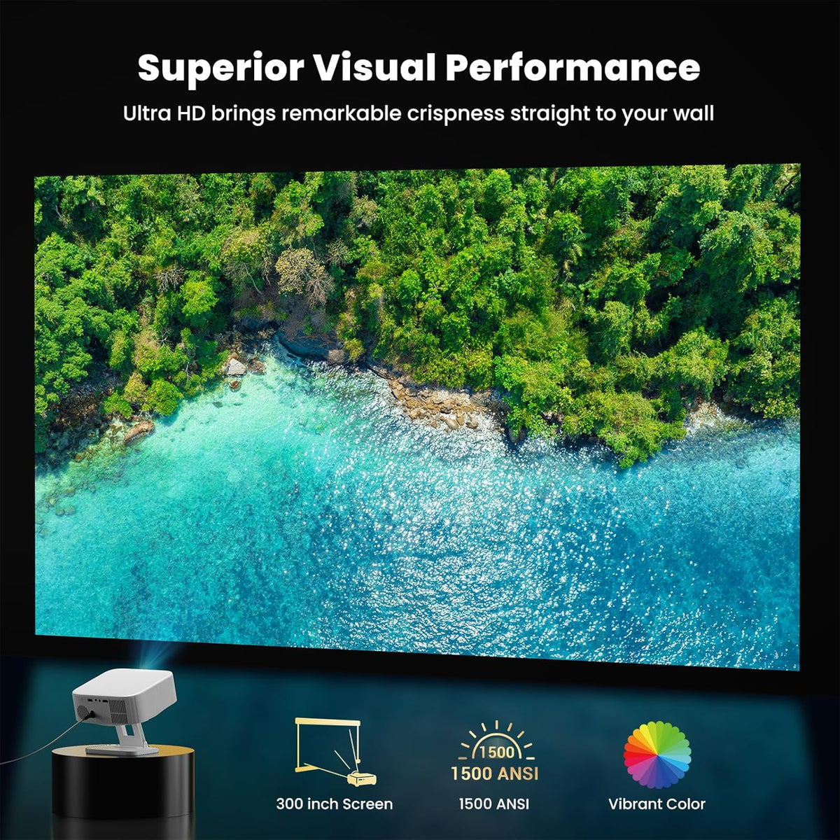 4K Outdoor Projector with Wifi and Bluetooth, Built-in Apps, Smart Projector with Auto Focus & Keystone, 1500 ANSI Lumens and 300" Movie Projector