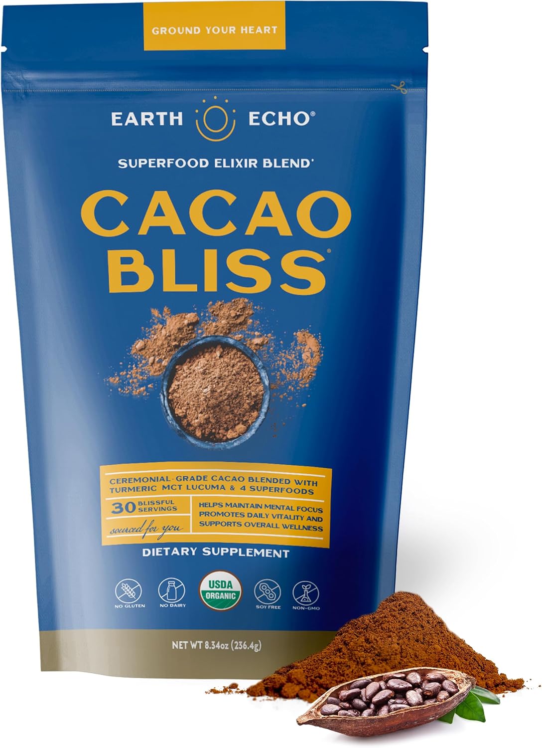 Earth Echo Cacao Bliss, Organic Cacao Powder Drink Mix, 30 Servings