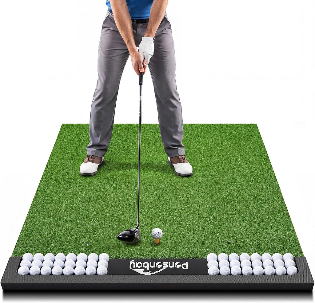 Integrated Golf Hitting Mat with Ball Tray, Thickening Golf Mats Practice Outdoor & Indoor Artificial Turf Matt with 3 Tees